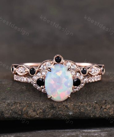 Oval Opal Bridal Set/ White Opal Engagement Ring Set/ 14K Solid Gold Engagement Ring Set/Black Diamond Wedding Ring Set/Anniversary Gift