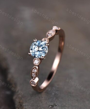Aquamarine Dainty Ring, Rose Gold Engagement Ring, March Birthstone Ring, Art Deco Moissanite Ring, Unique Women Bridal Promise Ring