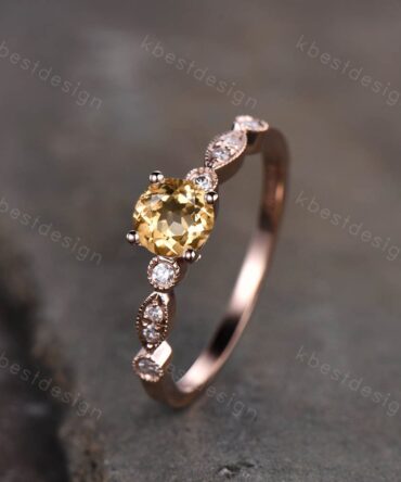 Round Citrine Engagement Ring, November Birthstone Ring, Solid Rose Gold Ring, Art Deco Wedding Ring, Unique Promise Ring, Personalized Ring