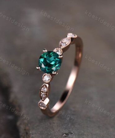 Art Deco Emerald Engagement Ring, Round Cut Emerald Ring, Unique Moissanite Wedding Ring, Rose Gold Emerald Ring, May Birthstone Ring