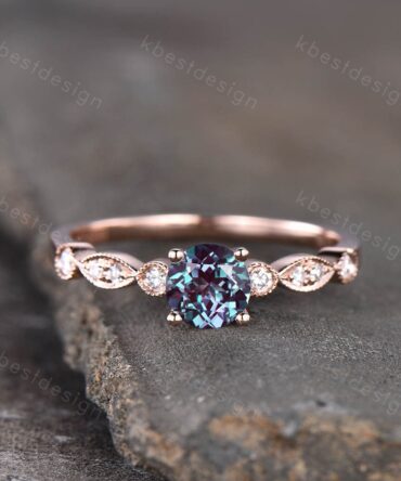 Vintage Alexandrite engagement ring, 14K Rose Gold Ring, Round cut Bridal Ring, Unique Moissanite Ring, Art deco Prong set ring