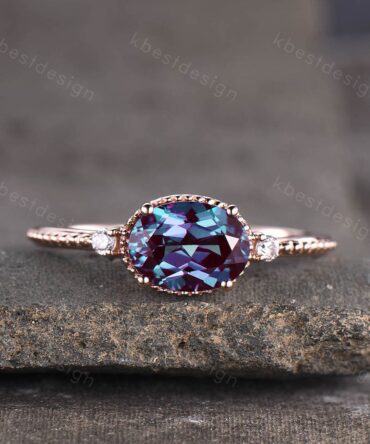Oval Alexandrite Engagement Ring Unique Art Deco Milgrain Ring Women Rose Gold Ring Vintage Bridal Promise Ring June Birthstone Ring
