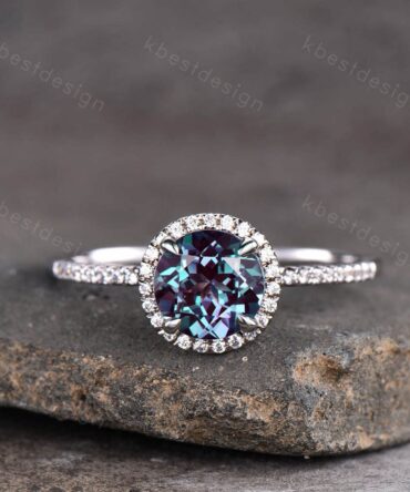 Alexandrite engagement ring Round cut white gold promise ring Vintage Moissanite ring Art Deco Bridal Wedding ring Anniversary gift
