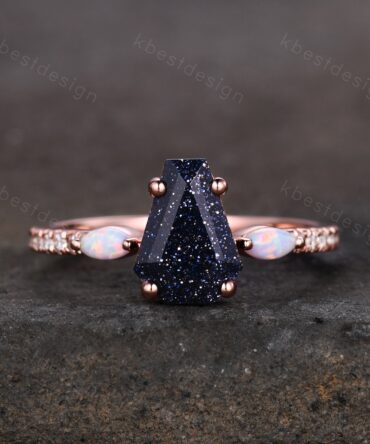 Coffin Shape Blue Sandstone Engagement Ring Vintage Rose Gold Marquise Opal Wedding Ring Unique Cluster Ring Antique Promise Ring
