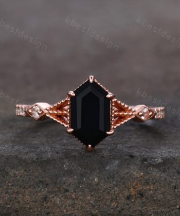 Elongated Hexagon cut Black Onyx Ring Vintage Rose Gold Ring Unique Black Stone Engagement Ring Promise Ring Anniversary Ring Gift For Her