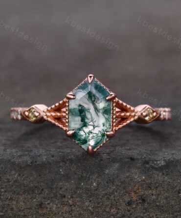 Vintage Long Hexagon Cut Moss Agate Ring Women's Ring Antique Rose Gold Green Agate Engagement Ring Peridot Ring Unique Bridal Promise Ring
