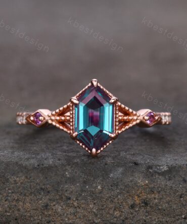 Vintage Alexandrite Engagement Ring Rose Gold ring Antique Hexagon cut Bridal ring Art deco Wedding Ring Milgrain Anniversary Promise Ring