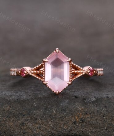 Retro Long hexagon Rose Quartz Ring Vintage Rose Gold Engagement Ring Unique Art Deco Pink Tourmaline Ring Antique Bridal Wedding Ring