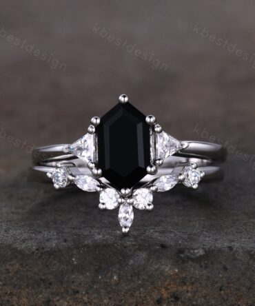 Vintage Black Onyx Engagement Ring Set Long Hexagon cut Ring Unique Art Deco Moissanite Wedding Ring Stacking Matching Band Bridal Ring set