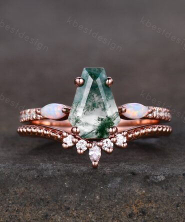 Coffin Shape Moss Agate Engagement Ring Set Unique Rose Gold Marquise Opal Wedding Ring Art Deco Moissanite Antique Promise Ring Bridal Set