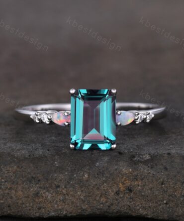 Emerald cut Alexandrite ring white gold ring for women vintage unique Alexandrite engagement ring pear opal wedding ring Promise ring