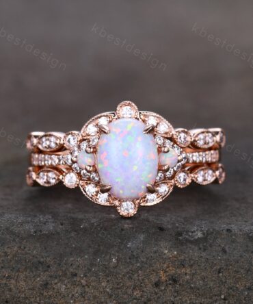 3PCS White Opal Engagement Ring Set, Rose Gold Rings for Women, Art Deco Moissanite Stacking Band, Oval Cut Bridal Set, Unique Curved Bands