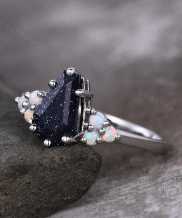 Galaxy Blue Sandstone Engagement Ring Antique Coffin Shaped Ring Unique Art Deco Opal Cluster Ring Women Silver Wedding Bridal Promise Ring