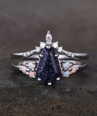 Sterling silver galaxy blue sandstone ring Coffin shaped ring Vintage opal Cluster engagement ring Dainty curved moissanite wedding band set