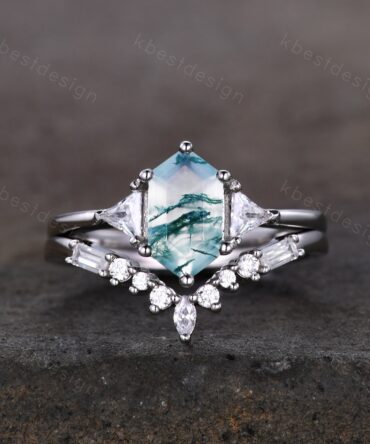 Hexagon cut green moss agate ring women sterling silver moissanite ring unique three stone engagement ring curved stacking bridal ring set
