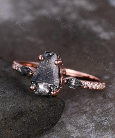 Vintage coffin cut black rutilated quartz engagement ring Marquise cut ring 14k Rose gold unique ring Moissanite pave band Anniversary ring