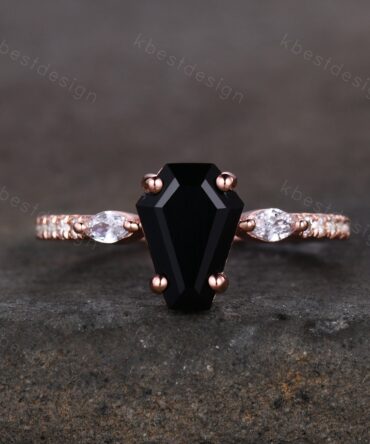 Coffin Shape Black Onyx Engagement Ring Vintage Rose Gold Moissanite Wedding Ring Unique Marquise cut Cluster Ring Antique Promise Ring