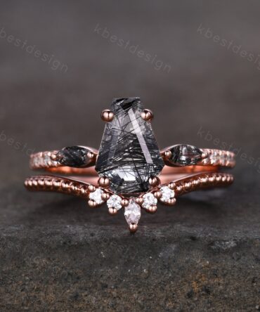 Vintage coffin cut black rutilated quartz engagement ring 14K Rose gold unique Moissanite ring Art deco Curved stacking band Bridal Ring Set