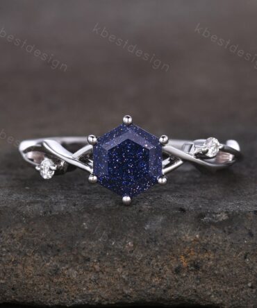 Hexagon cut Blue sandstone engagement ring Unique twig twisted wedding ring Women Vintage engagement ring White gold Promise Ring Gift