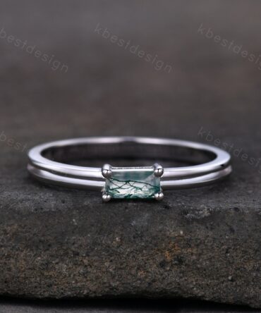 Dainty Moss Agate Engagement Ring Unique Split Shank Ring Sterling Silver Baguette Green Agate Ring Minimalist Promise Anniversary Gift