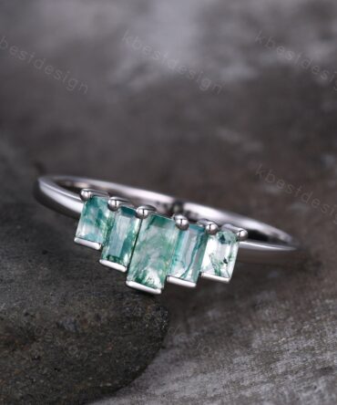 Unique Moss Agate Wedding Ring Sterling Silver Baguette cut Ring Green Moss agate Cluster ring Five Stone Ring Art Deco Stacking Band