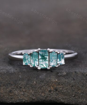 Baguette Moss Agate Cluster Wedding Band Vintage Sterling Silver Wedding Band Antique 5 Stone Unique Women Bridal Promise Ring