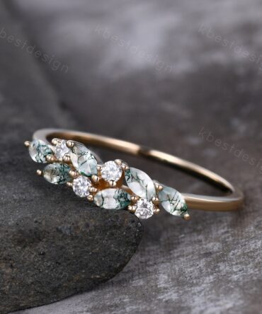 Moss agate cluster wedding band Unique marquise cut moss agate wedding band Vintage Moissanite ring Solid gold ring Anniversary gift