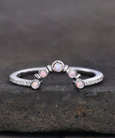 Curved Opal wedding band Unique sterling silver wedding band Half eternity moissanite Stacking matching band Anniversary ring