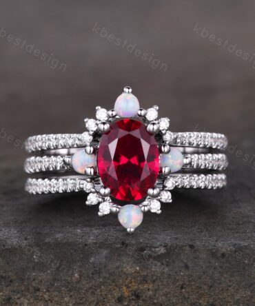 Vintage 3PCS Ruby Bridal Set/ Oval Ruby Engagement Ring Set/ Curved Opal Stacking Band/Silver Ring/ July Birthstone Ring/ Anniversary Gift