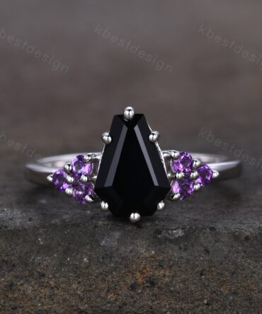Black Onyx Engagement Ring Sterling silver ring Vintage coffin shaped ring Unique Amethyst cluster wedding ring Promise anniversary ring