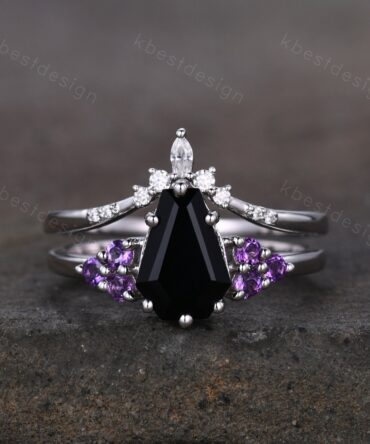 Sterling Silver Black Onyx Engagement Ring Set Unique Coffin Shaped Ring Art Deco Moissanite Curved Wedding Band Amethyst Cluster Ring