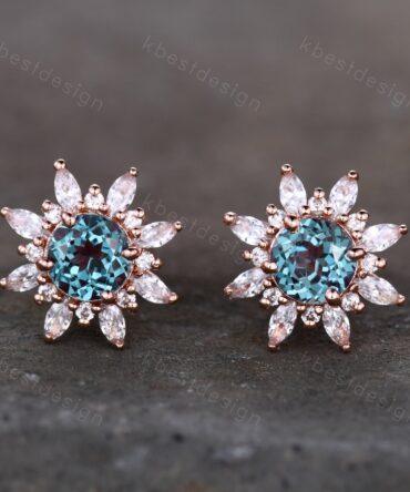 Vintage Alexandrite Earrings, Studs for woman, Rose Gold Stud earrings, June Birthstone Jewelry, Anniversary Gift