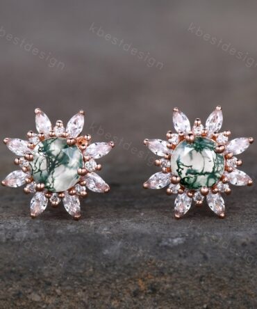 Vintage Moss Agate Earrings, Rose Gold Studs for woman, Green Aagte Stud earrings, Round cut Bridal Moissanite Earrings, Anniversary Gift