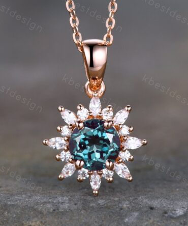 1CT Lab Alexandrite Necklace, Unique Round cut Pendant, Vintage Rose Gold Necklace, Alexandrite Silver Pendant, Birthstone necklace