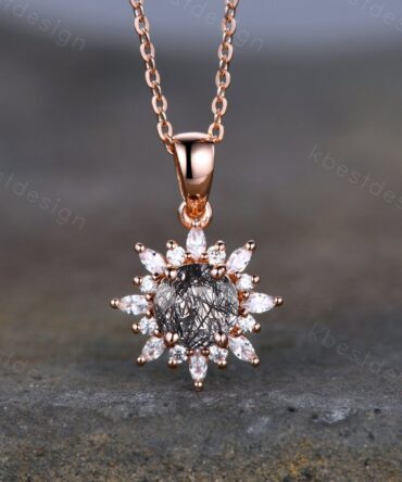 Unique Black Rutilated Quartz Necklace Vintage Gemstone Necklace for Women Art Deco Moissanite Pendant Black Stone Necklace Anniversary Gift