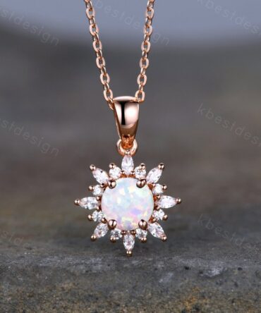 1CT White Fire Opal Necklace, Rose Gold Round cut Opal Pendant, October Birthstone Jewelry, Unique Opal Moissanite Pendant, Gift for Her