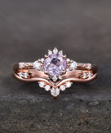Dainty Rose Gold Lavender Amethyst Engagement Ring Set Unique Art Deco Amethyst Ring For Women Vintage Curved Wedding Bridal Promise Ring