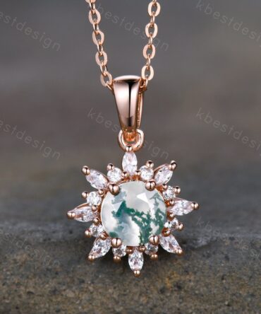 Natural Moss Agate Necklace, Vintage Rose Gold Moss Agate Pendant, Art Deco Women Necklace, Unique Moissanite Pendant Necklace Birthday Gift