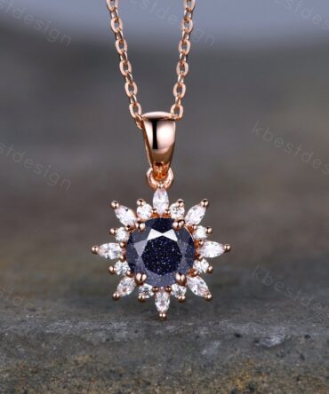 1CT Galaxy Blue Sandstone Necklace Vintage Art Deco Necklace for Women Unique Marquise cut Moissanite Cluster Pendant Anniversary Gift
