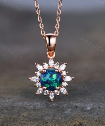 Blue Opal Art Deco Necklace, Rose Gold Birthstone Necklace, Vintage Opal Pendant, Moissanite Necklace Pendant for Women, Valentines Gifts