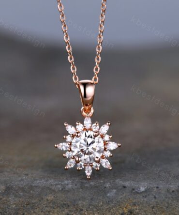 1CT Round Moissanite Pendant Necklace, Vintage Necklace For Women, Art Deco Floral Gold Pendant, Moissanite Necklace Anniversary/Bridal Gift