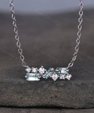 Baguette cut Natural Moss Agate Necklace, Silver Necklace, Art Deco Women Necklace, Unique Moissanite Necklace, Anniversary Promise Gift