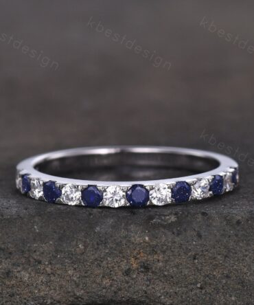 Blue Sandstone Wedding Band 2mm Half Eternity Band Moissanite Stacking Wedding Ring Pave Band Anniversary Ring Sterling Silver Ring