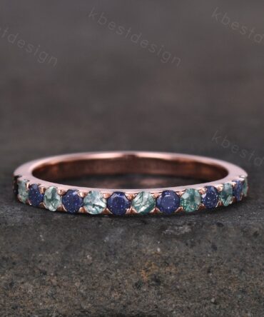 Round cut Blue Sandstone Wedding Band 2mm Half Eternity Band Moss Agate Wedding Band Gemstone Band Rose Gold Ring Anniversary Gift