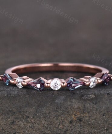 Vintage Alexandrite Wedding Band Kite cut Wedding Band Women Rose Gold Band Unique Half eternity band Delicate Stacking Band Gift for Her