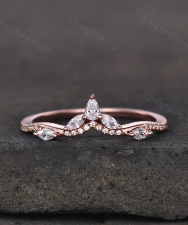 Marquise Moissanite wedding band Vintage rose gold stacking band Art deco floral wedding band Unique matching bridal ring Anniversary gift