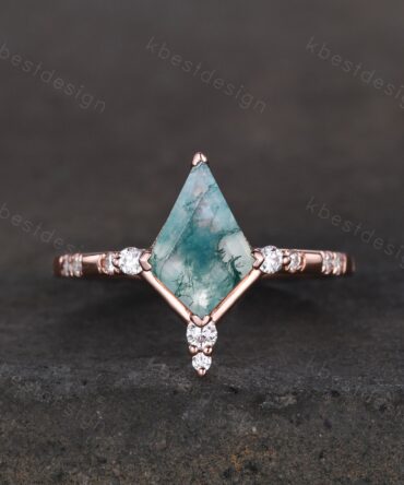 Kite Cut Moss Agate Engagement Ring, Promise Ring, Unique Green Agate Ring, Art Deco Moissanite Ring, Vintage Bridal Ring, Rose Gold Ring