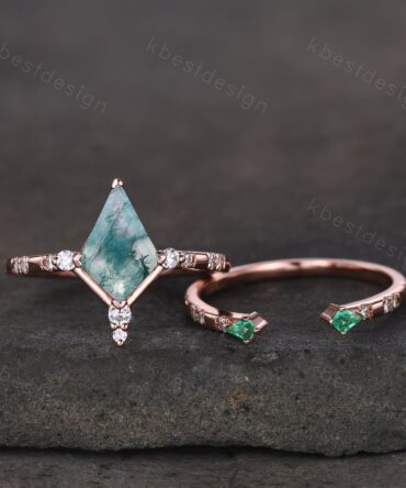 Natural Moss Agate Engagement Ring Set, Rose Gold Kite Cut Rings, Unique Open Gap Wedding Stacking Band, Bridal Promise Ring, Gift for Her