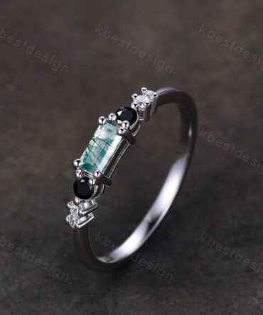 Baguette cut Moss Agate Wedding Band Unique Sterling Silver Band Antique Black Spinel Ring Minimalist Bridal Matching Stackable band