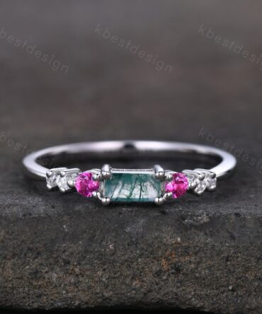 Baguette cut Moss Agate Wedding Band Art Deco Sterling Silver Band Antique Moissanite Ruby Ring Unique Bridal Matching Stackable band